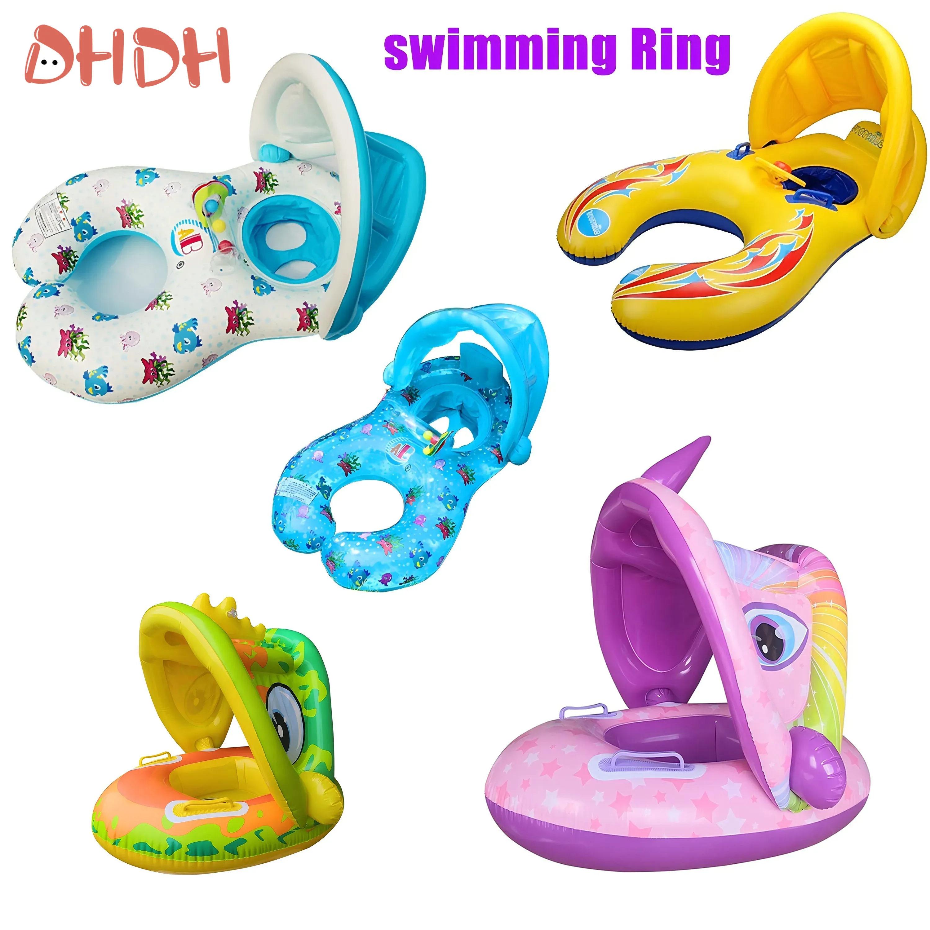 Pool Float Ring Inflatable - 日よけ付きベビー水泳フロート – 幼児用インフレータブルベビー水泳リング、プール＆ビーチ用安全フローティングトレーナー、対象年齢2～6歳