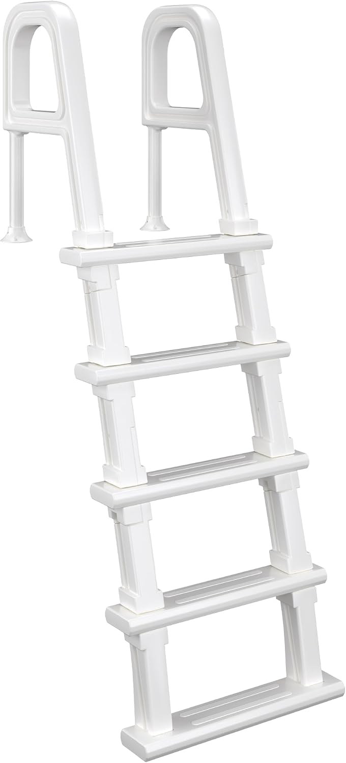Pool Ladder Above Ground - プール用はしご、5段プール階段、ダブルハンドレールと滑り止めステップ付き、地上および埋め込み型プール（47インチ～54インチ）用、ホワイト