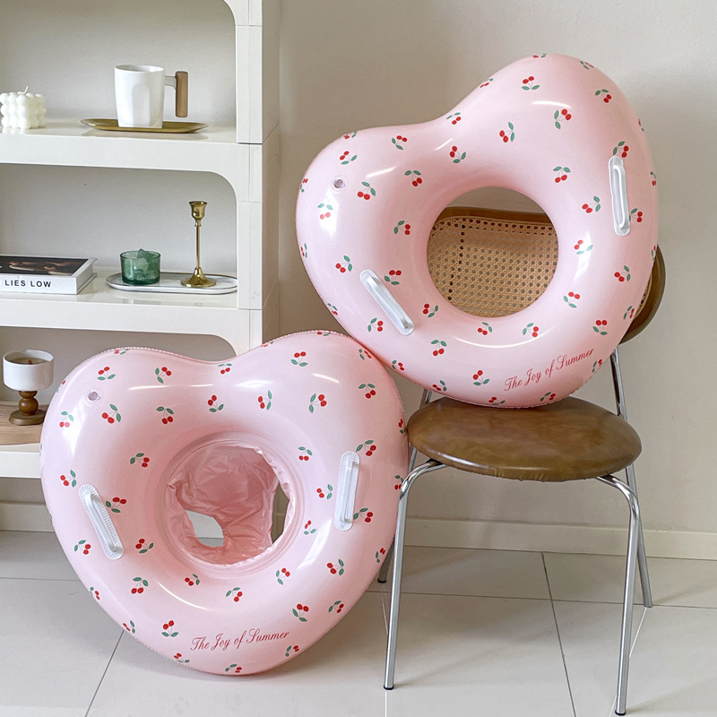 Pool Float Ring Inflatable - 1個入り チェリー柄 スイムリング インフレータブルプールフロート 水泳用チューブ ハンドル付き