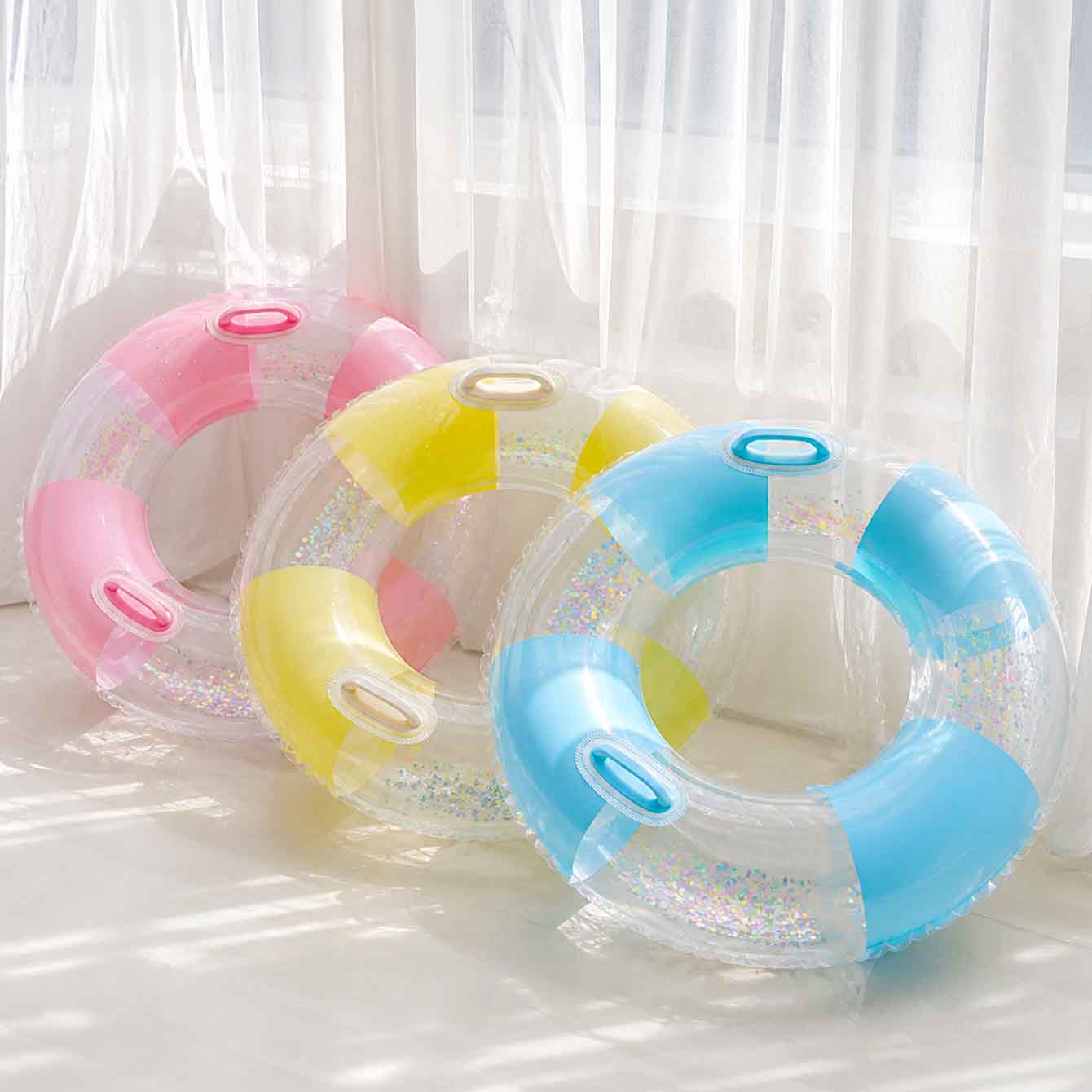 大人用ハンドル付きプールフロート1個 - ゴールドスパンコー - Pool Float Ring Inflatable のレビューと価格